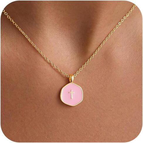 M MOOHAM Easter Gifts for Girls Women Easter Basket Stuffers - Enamel Mini Cross Necklace Dainty 14K Gold Plated Cross Choker Pendant Jewelry Simple Small Necklace Christian Religious Jewelry Gifts in Saudi Arabia