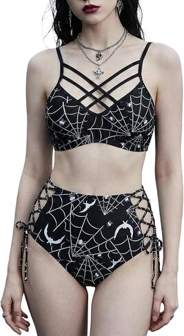 DRESSFO Spider Web Bat Tankini Swimsuit High Waisted Lace Up Goth 2 Piece Bathing Suit in Saudi Arabia