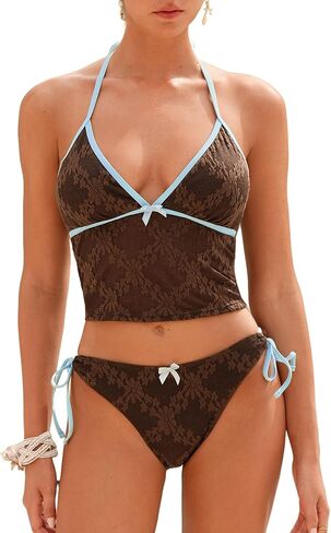ZAFUL Women's Tankini Sets Halter String Tie Side Thong V Neck Bathing Suit Bowknot Lace Textured 2 Piece Swimsuit in Saudi Arabia
