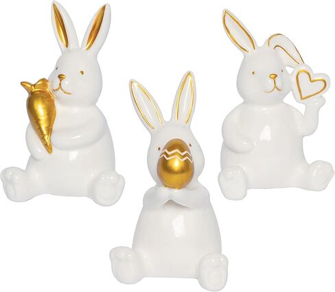 ديكور أرنب عيد الفصح للمنزل، 3 قطع تمثال أرنب سيراميك ذهبي مع بيض عيد الفصح والجزر، زخارف هدايا يوم الربيع لتزيين المنزل على سطح الطاولة in Kuwait