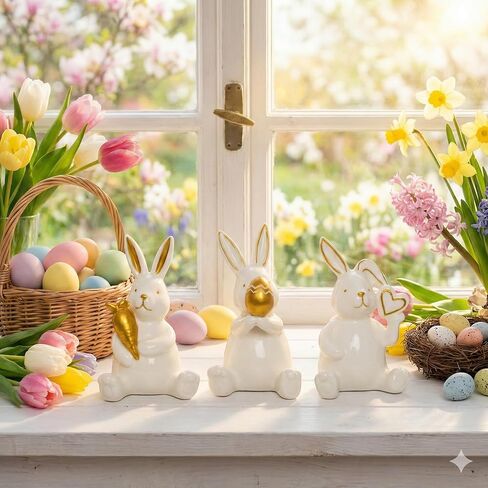 ديكور أرنب عيد الفصح للمنزل، 3 قطع تمثال أرنب سيراميك ذهبي مع بيض عيد الفصح والجزر، زخارف هدايا يوم الربيع لتزيين المنزل على سطح الطاولة in Kuwait
