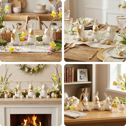 ديكور أرنب عيد الفصح للمنزل، 3 قطع تمثال أرنب سيراميك ذهبي مع بيض عيد الفصح والجزر، زخارف هدايا يوم الربيع لتزيين المنزل على سطح الطاولة in Kuwait