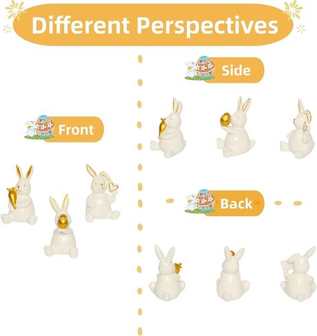 ديكور أرنب عيد الفصح للمنزل، 3 قطع تمثال أرنب سيراميك ذهبي مع بيض عيد الفصح والجزر، زخارف هدايا يوم الربيع لتزيين المنزل على سطح الطاولة in Kuwait