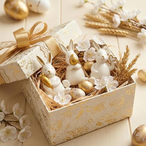 ديكور أرنب عيد الفصح للمنزل، 3 قطع تمثال أرنب سيراميك ذهبي مع بيض عيد الفصح والجزر، زخارف هدايا يوم الربيع لتزيين المنزل على سطح الطاولة in Kuwait