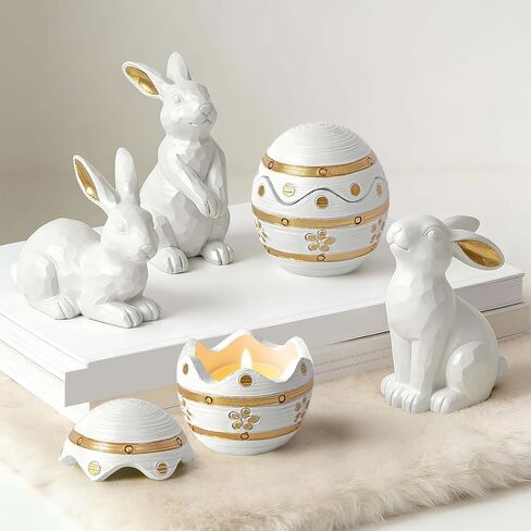 مجموعة من 3 تماثيل أرنب عيد الفصح، مجموعة تماثيل أرنب العطلات للحفلات الداخلية، ديكور المنزل لعيد الفصح (أبيض) in Kuwait