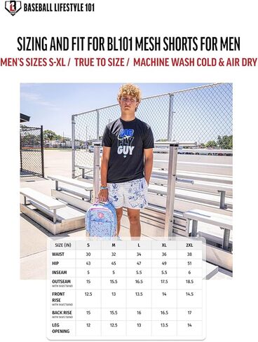 Baseball Lifestyle 101 Men's Doodle Mesh Shorts with Side Pockets and Elastic Waist, 5 inch Inseam, Adult Sizes S-XL in Kuwait