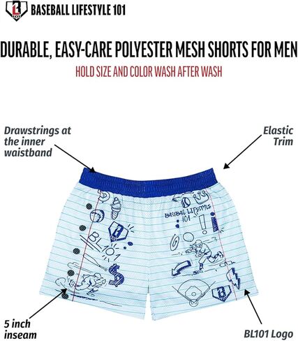 Baseball Lifestyle 101 Men's Doodle Mesh Shorts with Side Pockets and Elastic Waist, 5 inch Inseam, Adult Sizes S-XL in Kuwait