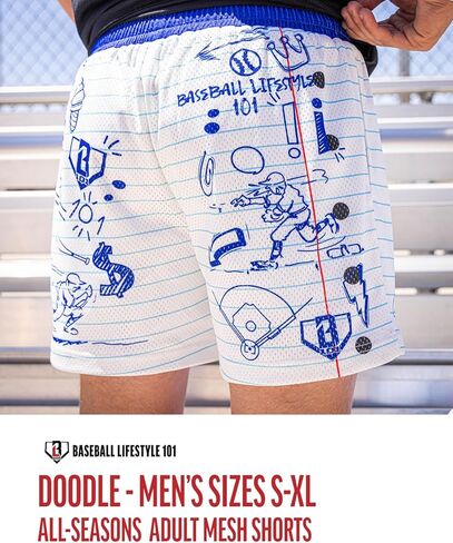 Baseball Lifestyle 101 Men's Doodle Mesh Shorts with Side Pockets and Elastic Waist, 5 inch Inseam, Adult Sizes S-XL in Kuwait