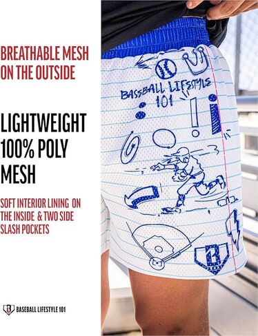 Baseball Lifestyle 101 Men's Doodle Mesh Shorts with Side Pockets and Elastic Waist, 5 inch Inseam, Adult Sizes S-XL in Kuwait