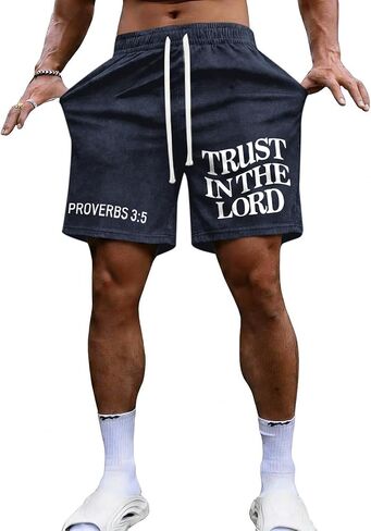 Christian Faith Trust in The Lord Shorts for Men Vintage Acid Wash Cotton Athletic Workout Gym Baggy Graphic Shorts in Kuwait