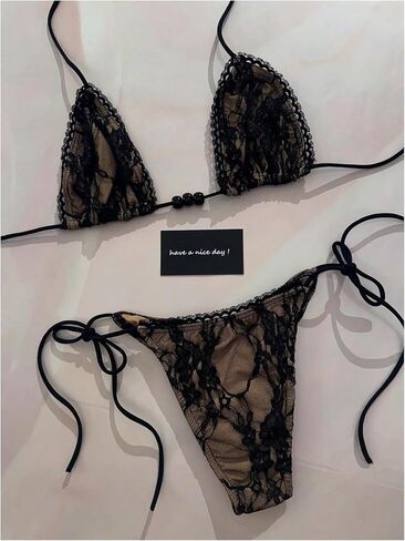 GORGLITTER Women's Lace High Waisted Bikini Sets Cute Y2K Halter Triangle String Thong Swimsuit 2 Piece Bathing Suits in Kuwait