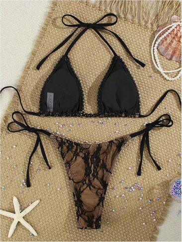 GORGLITTER Women's Lace High Waisted Bikini Sets Cute Y2K Halter Triangle String Thong Swimsuit 2 Piece Bathing Suits in Kuwait