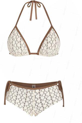 seamoly Women’s Crystal Cream Bikini Set, Halter Triangle Top with Contrast Trim Cutout and Tie Side Boyshort Bottom in Saudi Arabia