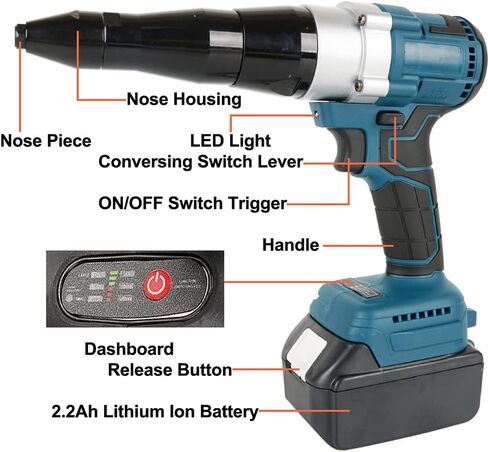 Cordless Rivet Gun,Automatic Brushless Riveter Tool Kit for Rivets 2.4 / 3.2 / 4.0 / 4.8 mm,Portable 21V Lithium-ion Electric with 2 3.0Ah Battery for Stainless Steel, Aluminum Rivets (2 batteries) in Saudi Arabia