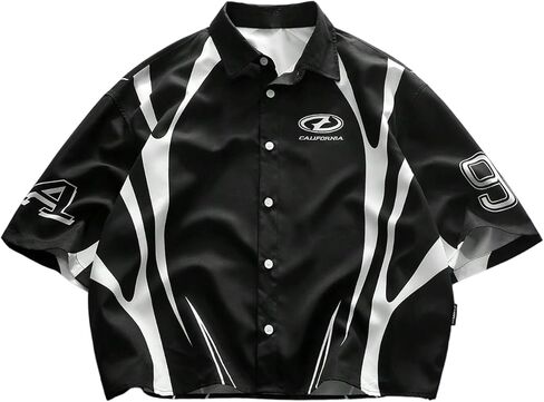 GORGLITTER Men's Cropped Button Up Shirts Casual Y2k Graphic Button Down Short Sleeve Collared Tee Shirts Tops in Saudi Arabia