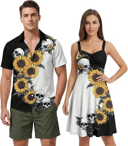 DRESSFO ملابس الأزواج المتوافقة مع قميص بأزرار على شكل جمجمة وزهرة عباد الشمس ونمط قوطي أو فستان بأشرطة in Saudi Arabia