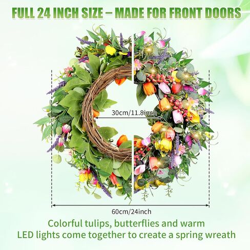 إكليل ربيعي 24 بوصة للباب الأمامي، إكليل توليب صناعي مع أضواء وفراشات، إكليل عيد الفصح للربيع والصيف للديكور الداخلي والخارجي in Kuwait