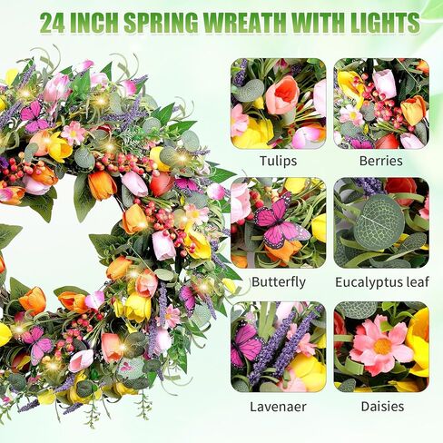 إكليل ربيعي 24 بوصة للباب الأمامي، إكليل توليب صناعي مع أضواء وفراشات، إكليل عيد الفصح للربيع والصيف للديكور الداخلي والخارجي in Kuwait