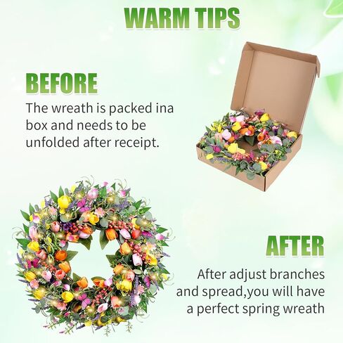 إكليل ربيعي 24 بوصة للباب الأمامي، إكليل توليب صناعي مع أضواء وفراشات، إكليل عيد الفصح للربيع والصيف للديكور الداخلي والخارجي in Kuwait