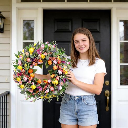 إكليل ربيعي 24 بوصة للباب الأمامي، إكليل توليب صناعي مع أضواء وفراشات، إكليل عيد الفصح للربيع والصيف للديكور الداخلي والخارجي in Kuwait