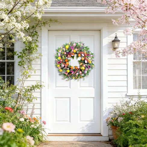 إكليل ربيعي 24 بوصة للباب الأمامي، إكليل توليب صناعي مع أضواء وفراشات، إكليل عيد الفصح للربيع والصيف للديكور الداخلي والخارجي in Kuwait