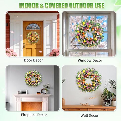 إكليل ربيعي 24 بوصة للباب الأمامي، إكليل توليب صناعي مع أضواء وفراشات، إكليل عيد الفصح للربيع والصيف للديكور الداخلي والخارجي in Kuwait