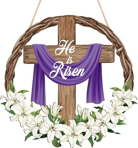 He is Risen Easter Door Sign Religious Cross Wooden Door Wreath for Front Doors Christian Jesus Lily Flowers Welcome Hanging Signs for Spring Home Farmhouse Porch Hanger Wall Indoor Outdoor Decoration in Saudi Arabia