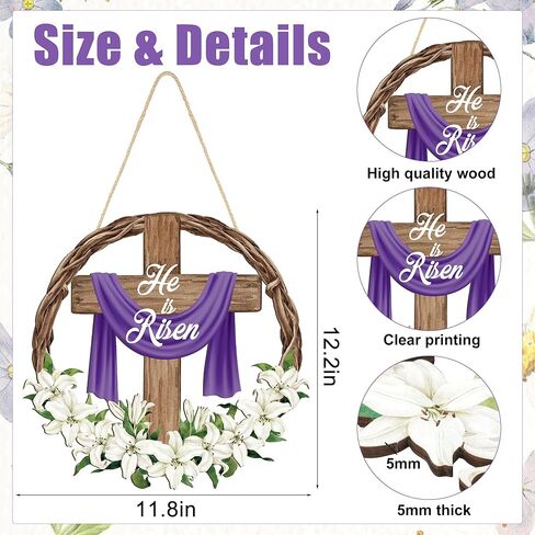 He is Risen Easter Door Sign Religious Cross Wooden Door Wreath for Front Doors Christian Jesus Lily Flowers Welcome Hanging Signs for Spring Home Farmhouse Porch Hanger Wall Indoor Outdoor Decoration in Saudi Arabia