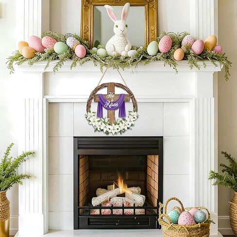 He is Risen Easter Door Sign Religious Cross Wooden Door Wreath for Front Doors Christian Jesus Lily Flowers Welcome Hanging Signs for Spring Home Farmhouse Porch Hanger Wall Indoor Outdoor Decoration in Saudi Arabia