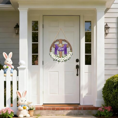 He is Risen Easter Door Sign Religious Cross Wooden Door Wreath for Front Doors Christian Jesus Lily Flowers Welcome Hanging Signs for Spring Home Farmhouse Porch Hanger Wall Indoor Outdoor Decoration in Saudi Arabia