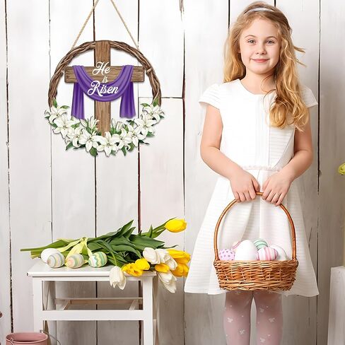 He is Risen Easter Door Sign Religious Cross Wooden Door Wreath for Front Doors Christian Jesus Lily Flowers Welcome Hanging Signs for Spring Home Farmhouse Porch Hanger Wall Indoor Outdoor Decoration in Saudi Arabia