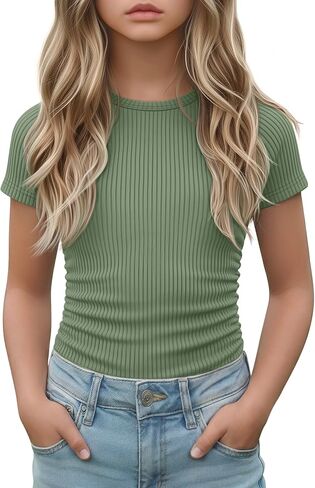Girls Short Sleeve Shirts Kids Ribbed Knit Side Ruched Tops Crew Neck Slim Fit Tees Summer Basic Cute 5-14 Years in Saudi Arabia
