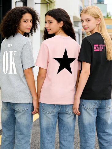3-Pack Girls Short Sleeve Graphic Tees, Printed Crew Neck T-Shirts for Kids 8–14 in Saudi Arabia