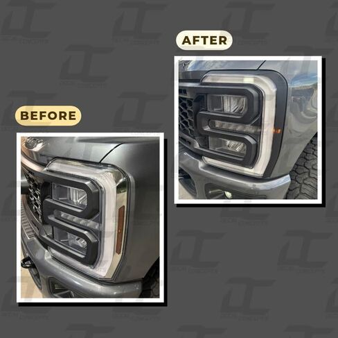 مجموعة ملصقات لاصقة للمصابيح الأمامية من الكروم حذف - تناسب Ford F250 / F350 (2023+) (أسود لامع) in Kuwait