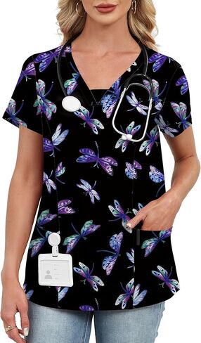 AKEWEI Scrubs for Women V Neck Scrub Tops Stretchy Nursing Uniforms Holiday Medical Shirts with 2 Pockets in Saudi Arabia