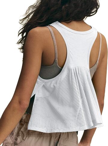 Lauweion Women's High Neck Racer Back Tank Tops Loose Fit Athletic Workout Mesh Back Sleeveless Cotton Crop Tops in Saudi Arabia