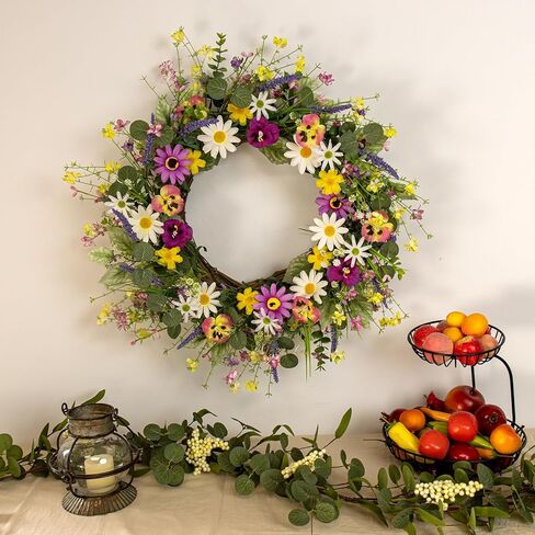 إكليل الربيع الاصطناعي 22 بوصة إكليل الربيع للباب الأمامي إكليل زهرة الربيع مع زهرة الأقحوان الملونة فالاينوبسيس الوردي لعطلات الربيع جدار الشرفة المزرعة in Kuwait