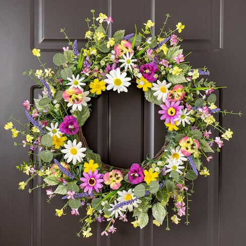 إكليل الربيع الاصطناعي 22 بوصة إكليل الربيع للباب الأمامي إكليل زهرة الربيع مع زهرة الأقحوان الملونة فالاينوبسيس الوردي لعطلات الربيع جدار الشرفة المزرعة in Kuwait