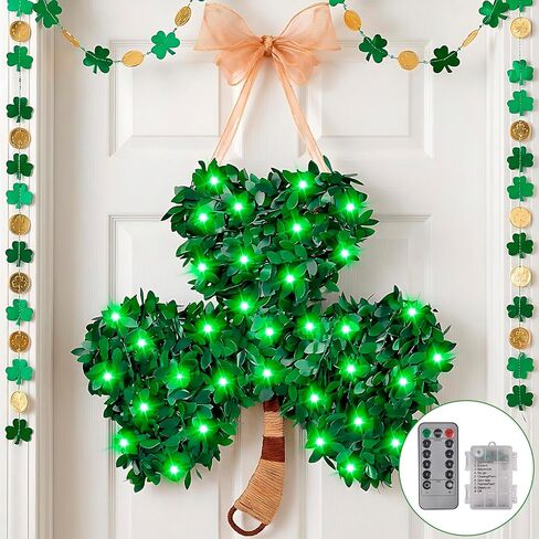 St. Patrick's Day Decorations Shamrock Wreath - 8 Modes 100 Green Light St Patricks Day Wreath for Front Door with Remote, St Patricks Day Door Decorations Shamrock Decor for Home Mantel Wall Window in Saudi Arabia
