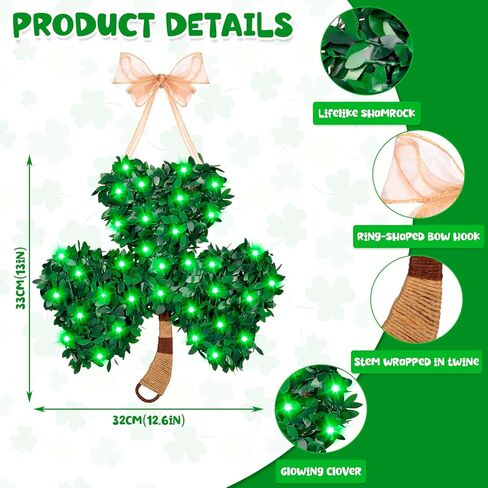 St. Patrick's Day Decorations Shamrock Wreath - 8 Modes 100 Green Light St Patricks Day Wreath for Front Door with Remote, St Patricks Day Door Decorations Shamrock Decor for Home Mantel Wall Window in Saudi Arabia