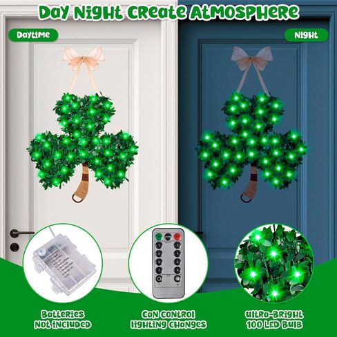 St. Patrick's Day Decorations Shamrock Wreath - 8 Modes 100 Green Light St Patricks Day Wreath for Front Door with Remote, St Patricks Day Door Decorations Shamrock Decor for Home Mantel Wall Window in Saudi Arabia