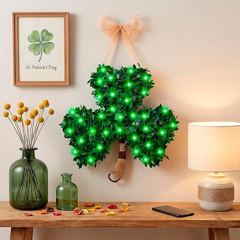 St. Patrick's Day Decorations Shamrock Wreath - 8 Modes 100 Green Light St Patricks Day Wreath for Front Door with Remote, St Patricks Day Door Decorations Shamrock Decor for Home Mantel Wall Window in Saudi Arabia