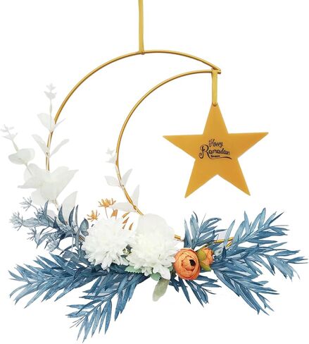 Eid Ramadan Mubarak Wreaths Decorations, Moon Wreaths with Stars Sign, Artificial Metal Hoop Hanging Floral Garland for Front Door, for Wall Window Party Wall Decor Indoor Outdoor in Saudi Arabia