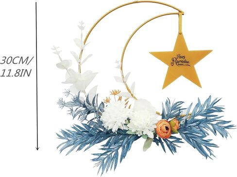Eid Ramadan Mubarak Wreaths Decorations, Moon Wreaths with Stars Sign, Artificial Metal Hoop Hanging Floral Garland for Front Door, for Wall Window Party Wall Decor Indoor Outdoor in Saudi Arabia