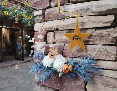 Eid Ramadan Mubarak Wreaths Decorations, Moon Wreaths with Stars Sign, Artificial Metal Hoop Hanging Floral Garland for Front Door, for Wall Window Party Wall Decor Indoor Outdoor in Saudi Arabia