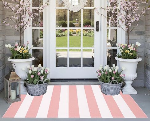 Front Door Mat 24"x51",Pink and White Striped Layered Doormat Cotton Woven Washable Indoor Outdoor Porch Rug Farmhouse Small Area Rug for Porch/Entryway/Home Entrance Decor in Kuwait