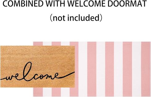 Front Door Mat 24"x51",Pink and White Striped Layered Doormat Cotton Woven Washable Indoor Outdoor Porch Rug Farmhouse Small Area Rug for Porch/Entryway/Home Entrance Decor in Kuwait