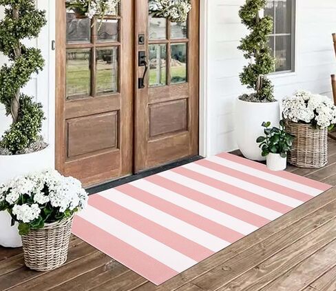 Front Door Mat 24"x51",Pink and White Striped Layered Doormat Cotton Woven Washable Indoor Outdoor Porch Rug Farmhouse Small Area Rug for Porch/Entryway/Home Entrance Decor in Kuwait