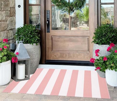 Front Door Mat 24"x51",Pink and White Striped Layered Doormat Cotton Woven Washable Indoor Outdoor Porch Rug Farmhouse Small Area Rug for Porch/Entryway/Home Entrance Decor in Kuwait