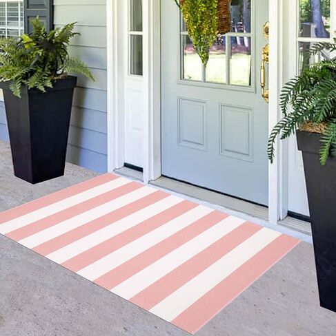 Front Door Mat 24"x51",Pink and White Striped Layered Doormat Cotton Woven Washable Indoor Outdoor Porch Rug Farmhouse Small Area Rug for Porch/Entryway/Home Entrance Decor in Kuwait